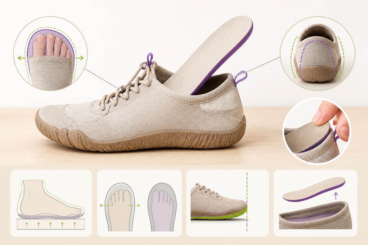 Esquema de un zapato barefoot con plantilla que señala el espacio de la puntera, el talón y la altura interior