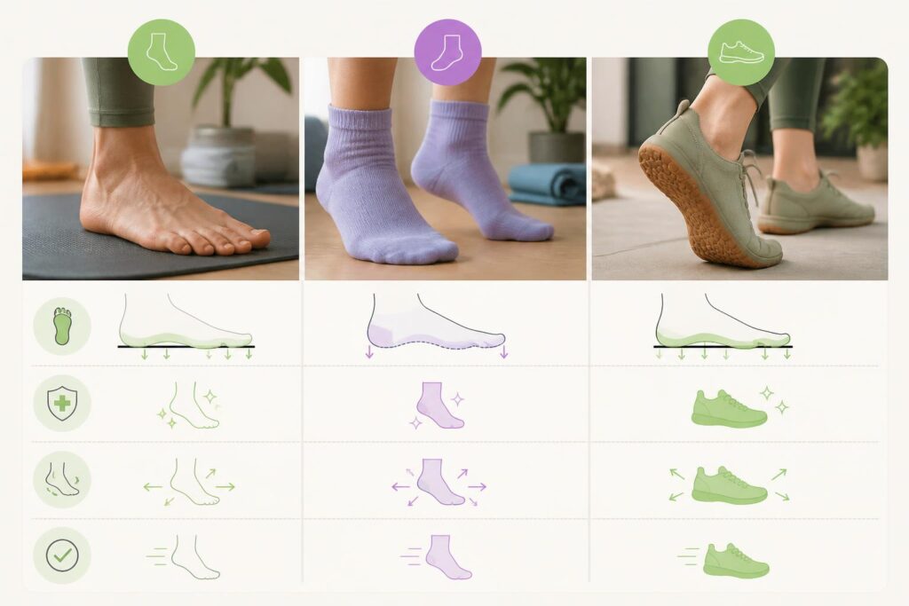 Comparativa visual entre practicar yoga descalzo, con calcetines y con calzado barefoot