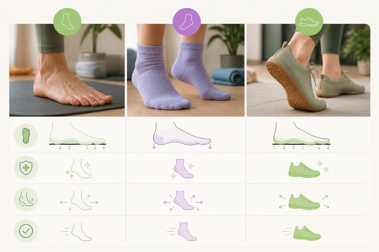 Comparativa visual entre practicar yoga descalzo, con calcetines y con calzado barefoot
