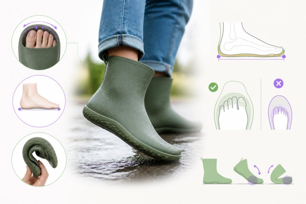 Bota de agua minimalista para adulto junto a una suela flexible sobre fondo claro