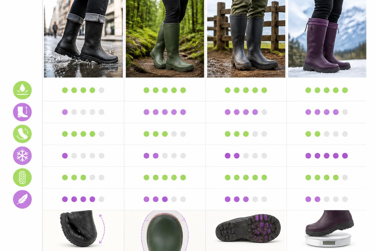 Esquema comparativo de requisitos para botas de agua barefoot según diferentes usos