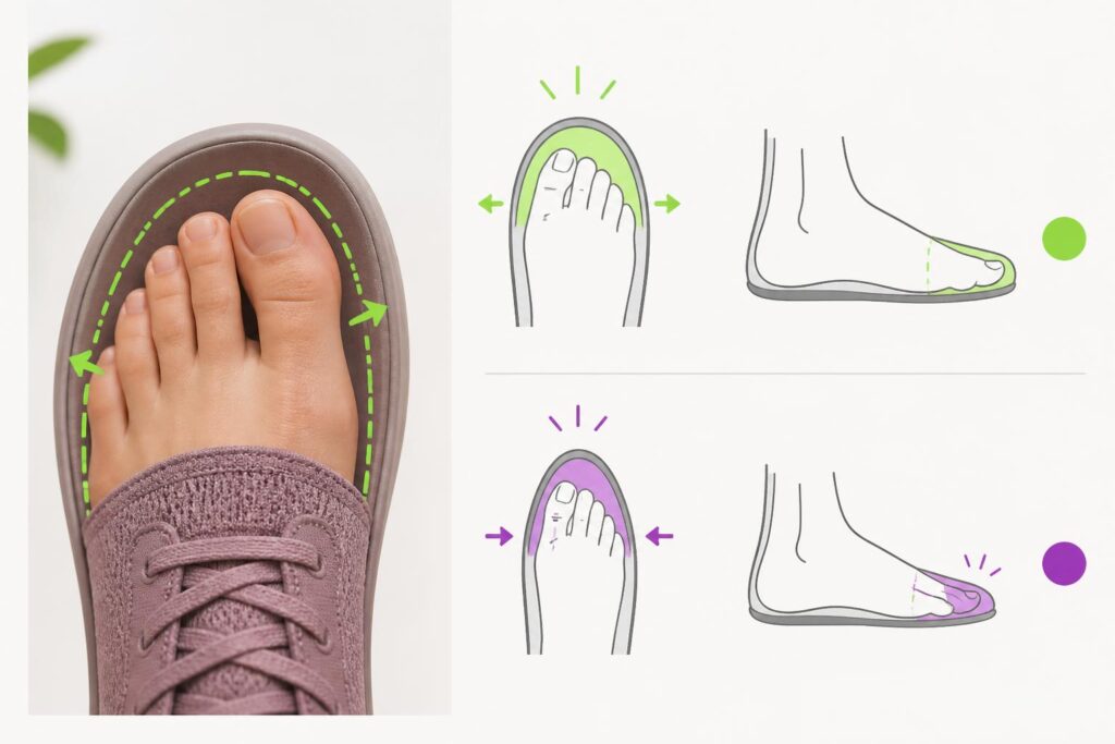 Comparativa visual de una puntera barefoot amplia y otra estrecha con el espacio de los dedos señalado