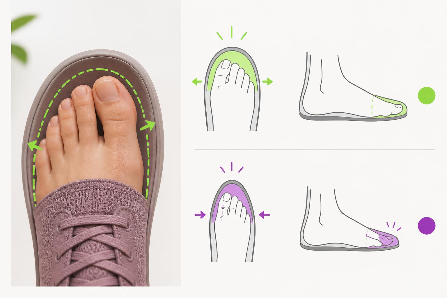 Comparativa visual de una puntera barefoot amplia y otra estrecha con el espacio de los dedos señalado