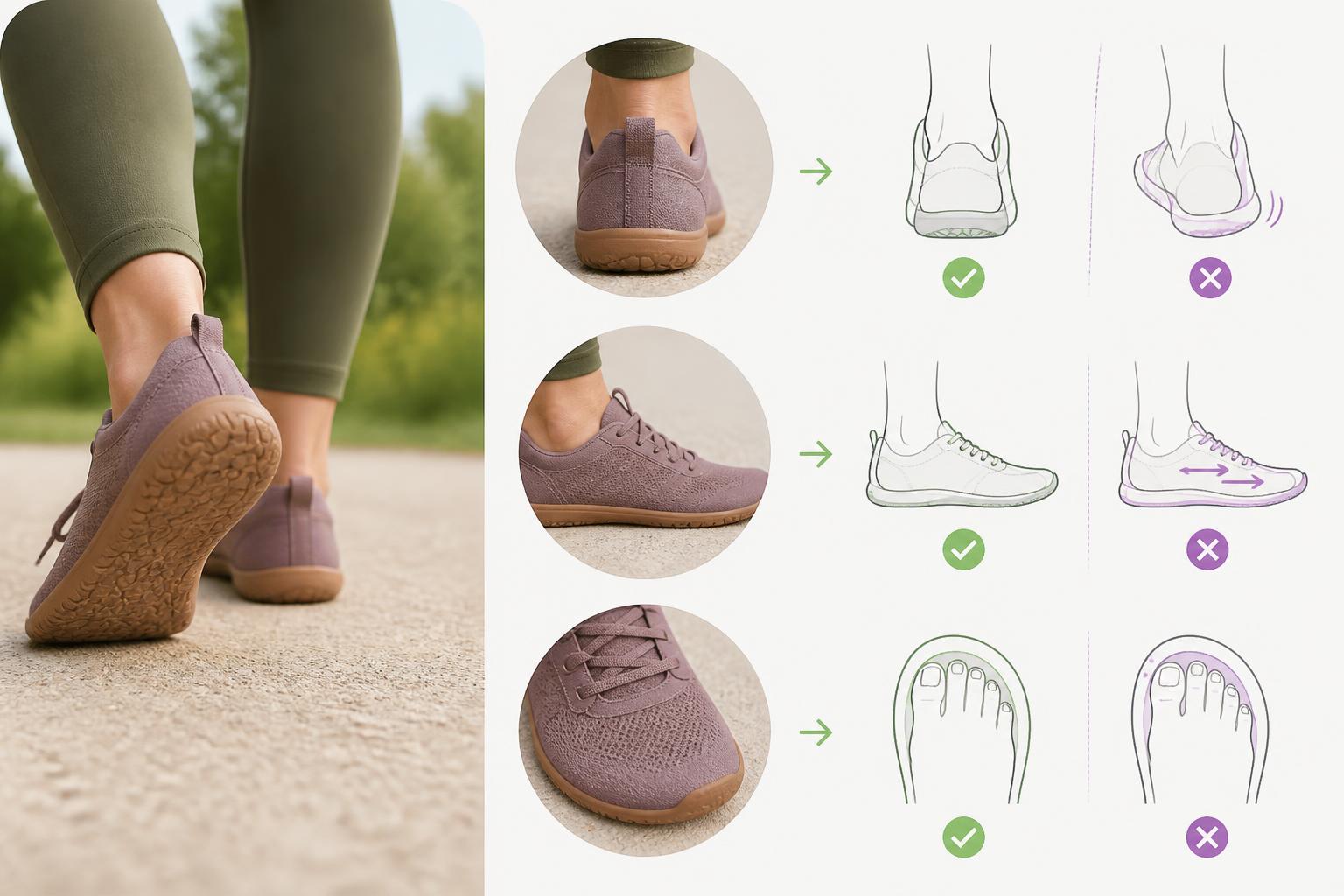 Secuencia ilustrada de una persona caminando con calzado barefoot para comprobar el ajuste