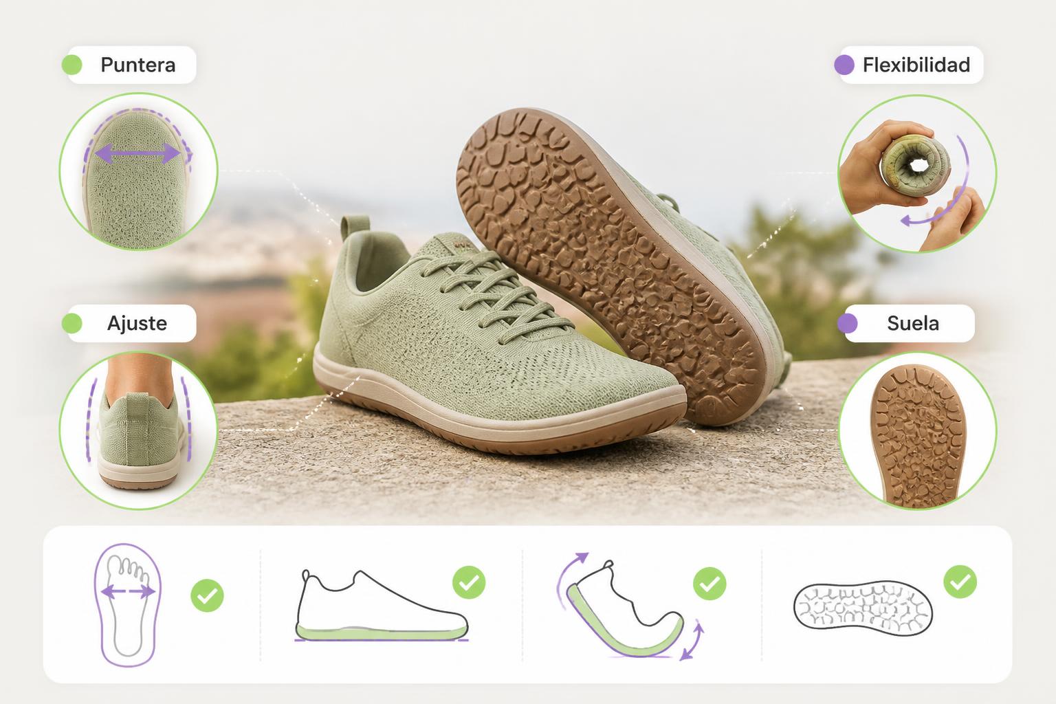 Primer plano de un zapato barefoot mostrando la puntera, la suela flexible y el espacio para los dedos