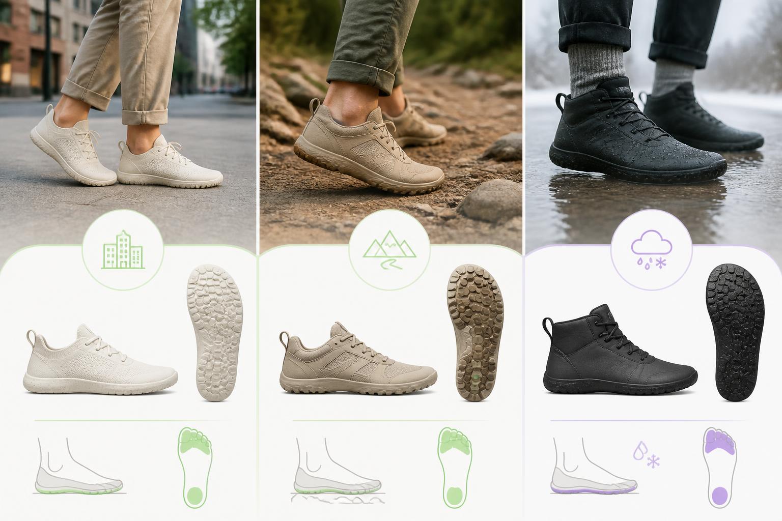Comparativa visual de calzado barefoot para ciudad, sendero y clima lluvioso