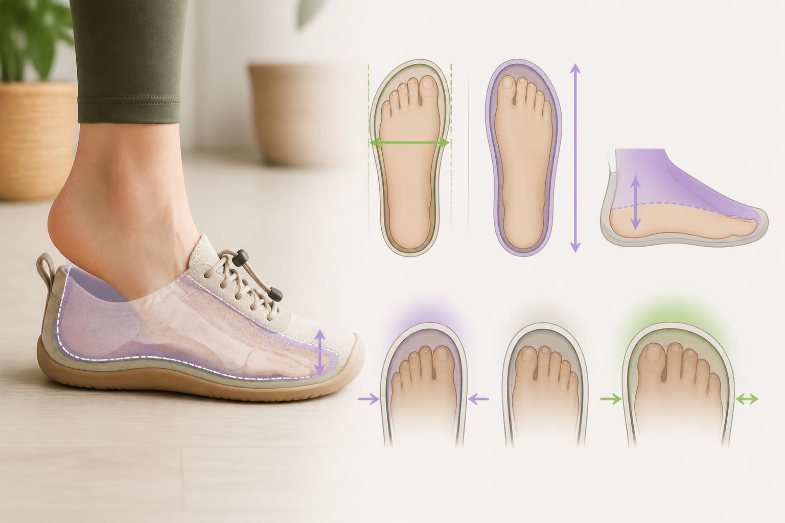 Esquema sencillo de un pie dentro de un zapato barefoot con largo, anchura y volumen del empeine señalados