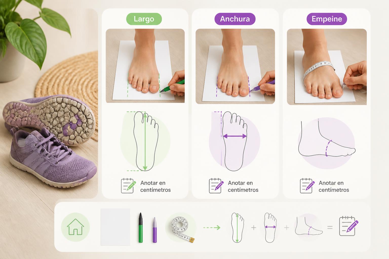 Visual guide showing how to measure barefoot foot length width and instep circumference