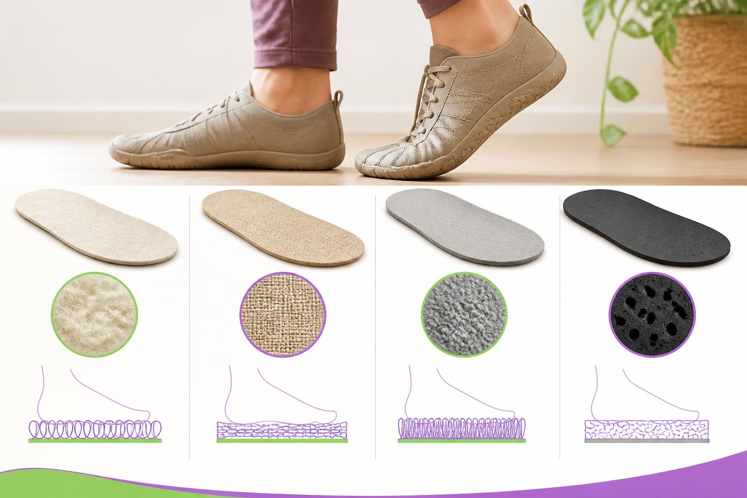 Comparativa visual de plantillas barefoot de lana, lino y microfibra sobre fondo claro