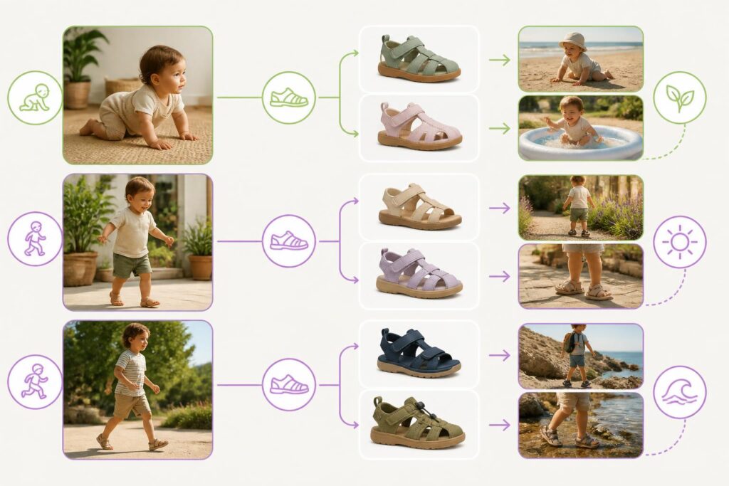 Árbol de decisión para elegir sandalias barefoot infantiles según la etapa y la actividad
