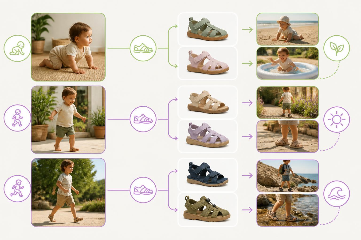 Árbol de decisión para elegir sandalias barefoot infantiles según la etapa y la actividad